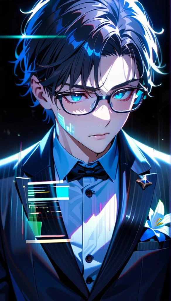 Masterpiece, Best Quality, Super Detailed, High Definition, Expensive Resolution, HDR, Super Detailed CG, Beautiful Details, Depth, Fine Texture, Super Fine, Complete concentration, Pale skin, Handsome man, smart and cool man, confident, short hair, black hair, blue hair highlight, beautiful detail eyes, emerald eyes, full details black tuxedo suit, blue trim, glasses, 1 male, pin a lily on one's chest, Cold face and eyes, closed mouth, ethereal atmosphere, lily garden, intricate details, volumetric lighting, atmospheric lighting, lens flare, particles, Cinematic light, colorful light, white colors schemes, Holding a white lily flower, fine detail, intricate, beautiful detailed glow, extremely detailed eyes and face, futuristic, hlpr, (hologram, glitch, holographic face, ui, interface, nodes), 