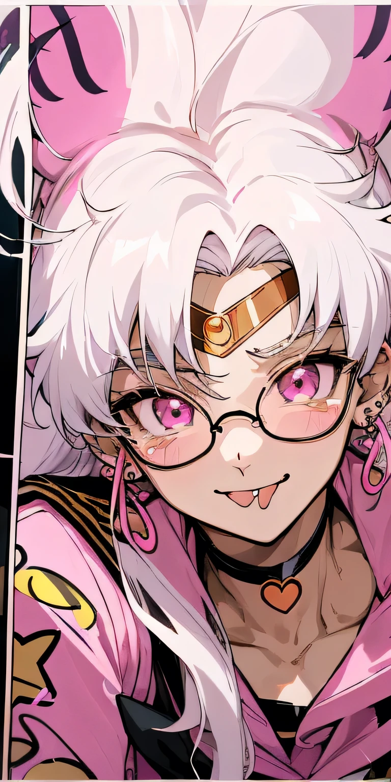 A handsome anime boy sailor moon 2000 style, long and white hair, with pink eyes with pastel yellow stars, with gyaru clothing and leopard print animal print, face piercings, thin red glasses, stickers on his face and sticking out his tongue while smiling while smiling showing his fangs, in a teenage room with gyaru-style band posters