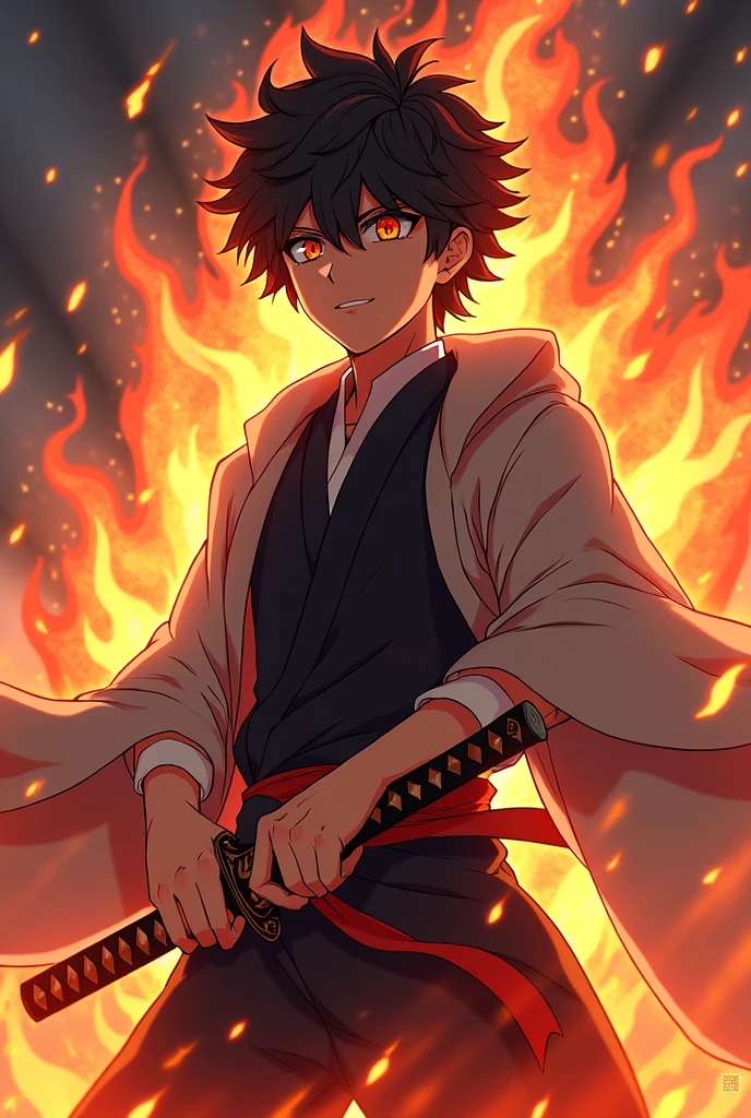 Generate an image of a character in the style of kimetsu no yaiba, let it be a man, that he is a hunter, a young character,that has the lion's breath and a little fire and that has a haori, that has the uniform of the demon hunters from the anime Kimetsu no yaiba, that his clothes look like Rengoku's,that has a katana.
