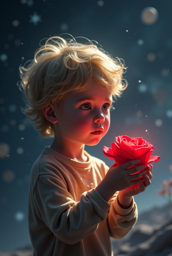 A fantastic video in space of a blonde boy gazing at a red rose