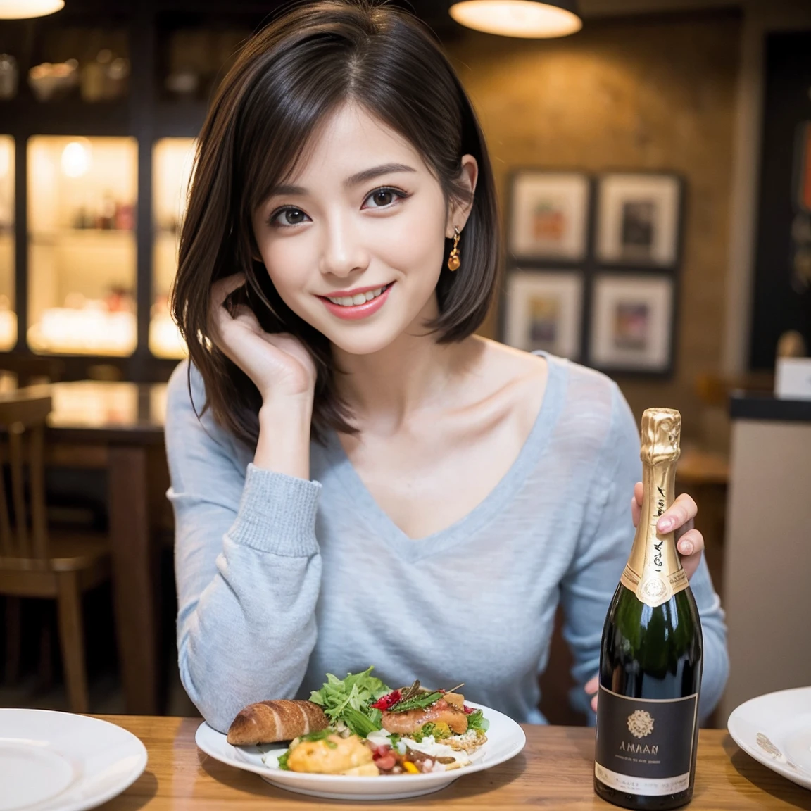 (Realistic:1.1),(masterpiece,Highest quality),8k,(49 years old), 53 years old, ベリーslimボディ、slimカップル、Tight waist,Upper Body,full-course dinner、wine 、Amazing view of the sunset sky and clouds、Perfect Anatomy, Brown Hair, short hair,Random Hairstyles,((Highly detailed face and eyes:1.2)),Perfect golden ratio face,Long sleeve shirt、dress,(smile:1.2)、Shortcuts、cute、(Realistic, Intricate details:1.2), A bright smile、short hair,Bright Face、赤wine 、Appetizers、Italian food、wine bottle、Champagne、スパークリングwine、(slimな顔), (The body is slim), (Brown Hair), (Shortcuts), Upper Body, 白wine, slim, wineグラス,