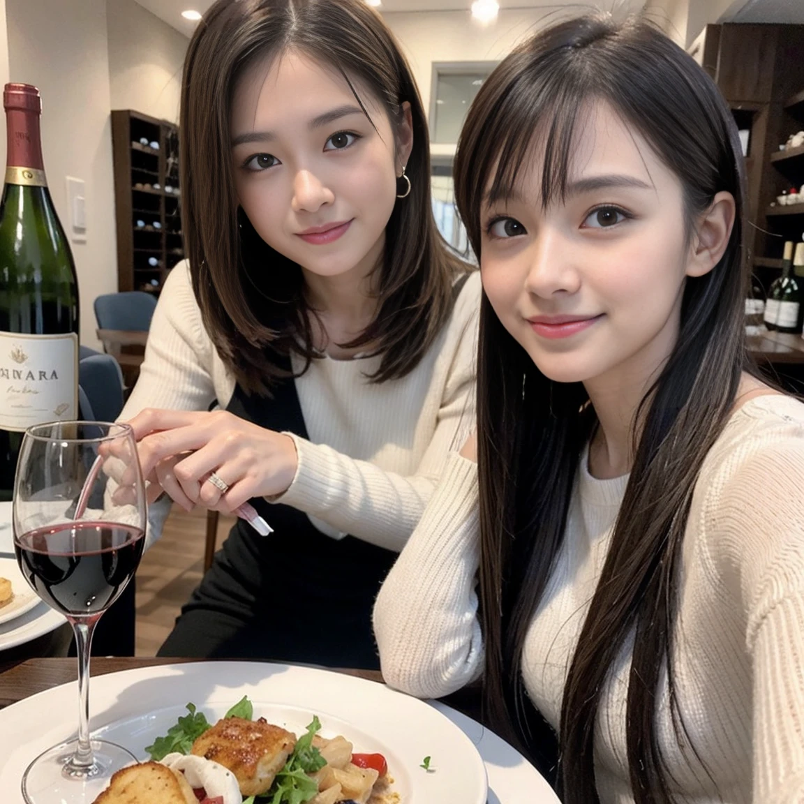 (Realistic:1.1),(masterpiece,Highest quality),8k,(49 years old), 53 years old, ベリーslimボディ、slimカップル、Tight waist,Upper Body,full-course dinner、wine 、Amazing view of the sunset sky and clouds、Perfect Anatomy, Brown Hair, short hair,Random Hairstyles,((Highly detailed face and eyes:1.2)),Perfect golden ratio face,Long sleeve shirt、dress,(smile:1.2)、Shortcuts、cute、(Realistic, Intricate details:1.2), A bright smile、short hair,Bright Face、赤wine 、Appetizers、Italian food、wine bottle、Champagne、スパークリングwine、(slimな顔), (The body is slim), (Brown Hair), (Shortcuts), Upper Body, 白wine, slim, wineグラス,