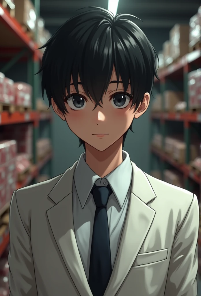 There's a handsome boy with a super detailed face, white suit, short black hair, super detailed characters, In the warehouse, which is heaped with flesh, carne, fresh meat, highly real, 4K, clair obscur, Super high detail