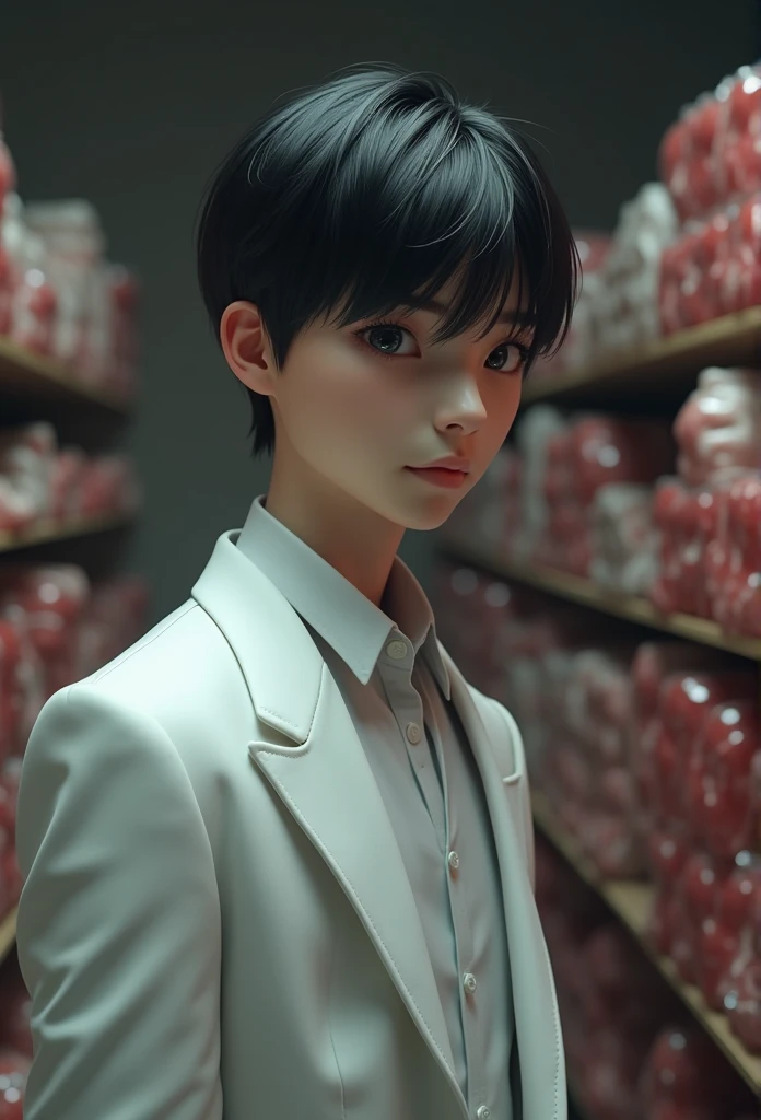 There's a handsome boy with a super detailed face, white suit, short black hair, super detailed characters, In the warehouse, which is heaped with flesh, carne, fresh meat, highly real, 4K, clair obscur, Super high detail