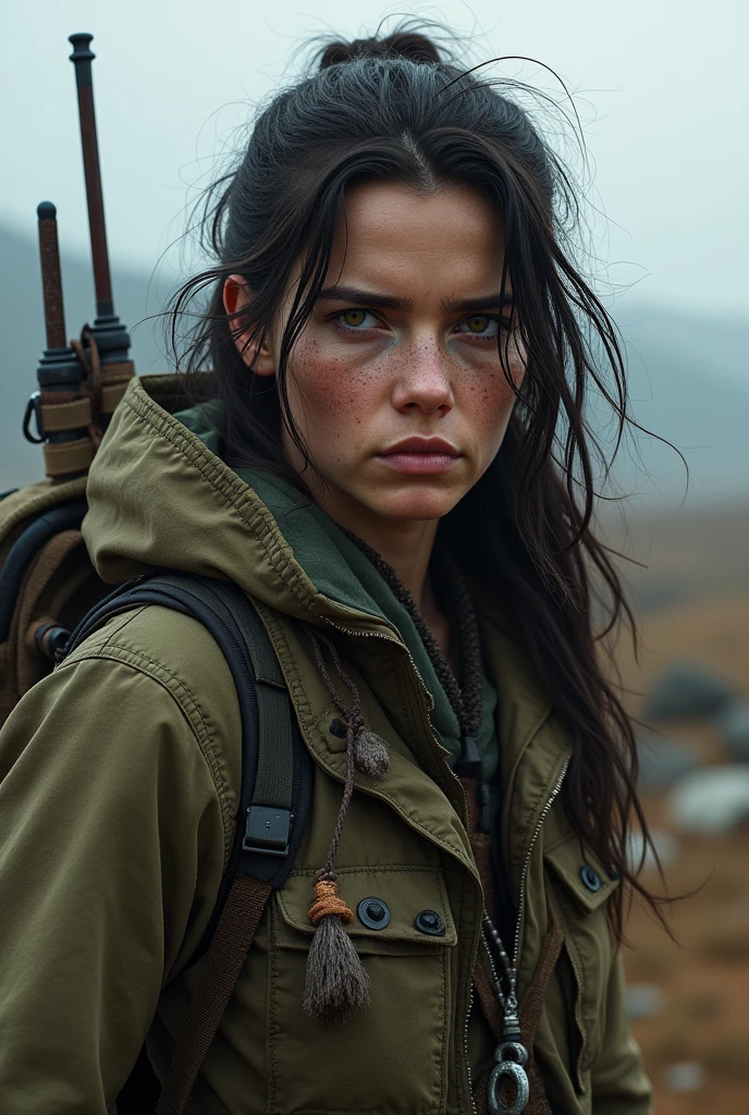 Play a realistic woman in a survival environment, not so sexy, and with light coats, ugly woman