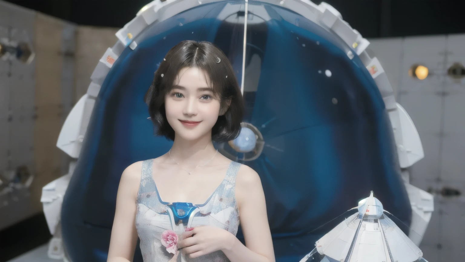 268 (20-year-old princess,Are standing), ((short hair:1.46)), (chest:1.46), Old-fashioned smile, (flower), (Spaceship:1.46)