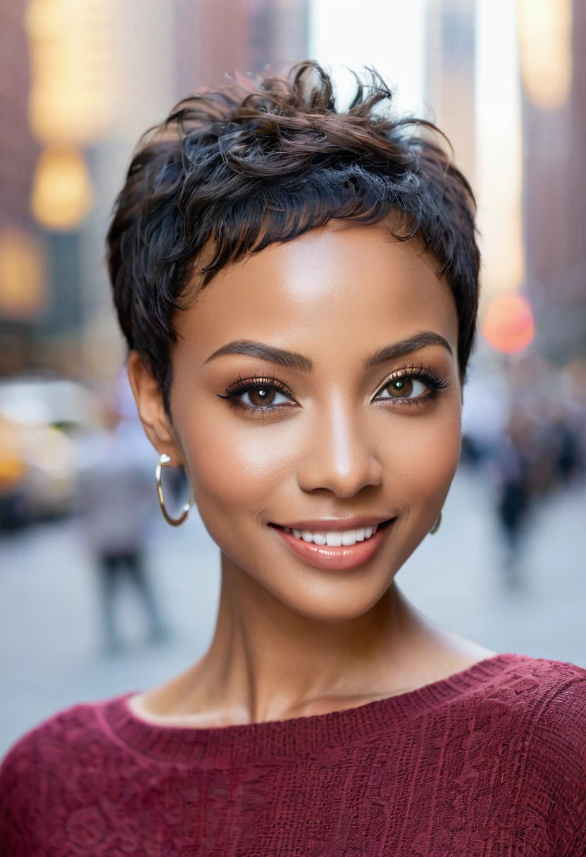 1 African American female model ,Detailed eyes, double eyelid, Fuller lips, short hair, Professional makeup, ((Manhattan, New York:1.2))、40 years old、smile、Arabic model