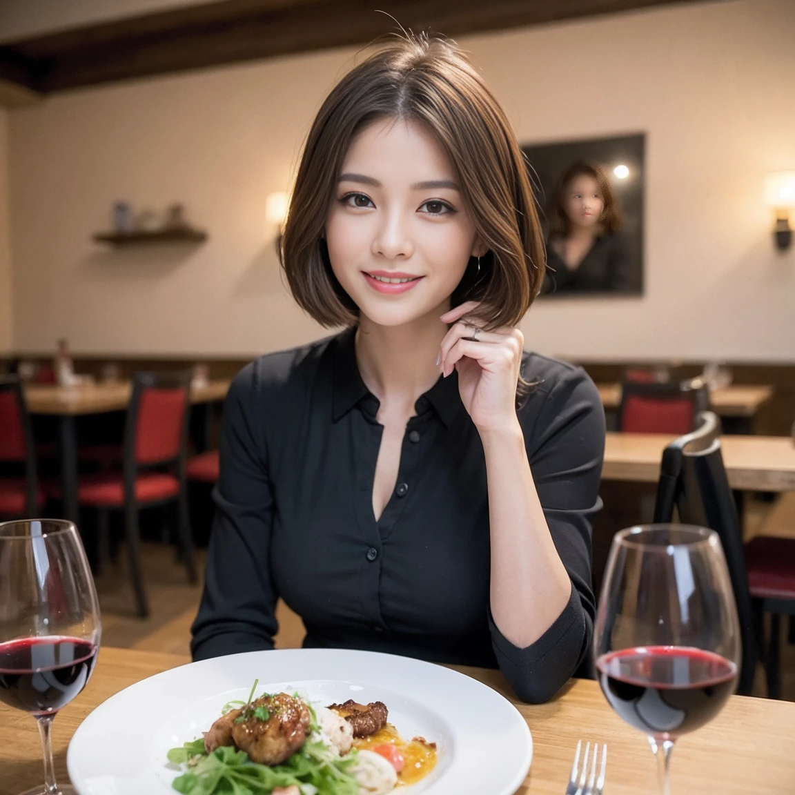 （Realistic:1.1）,(masterpiece,Highest quality)，8k,(49 years old), 53 years old, ベリーslimボディ、slimカップル、Tight waist,Upper Body,full-course dinner、wine 、Amazing view of the sunset sky and clouds、Perfect Anatomy, Brown Hair, short hair,Random Hairstyles,((Highly detailed face and eyes:1.2))，Perfect golden ratio face，Long sleeve shirt、dress,(smile:1.2)、Shortcuts、cute、(Realistic, Intricate details:1.2), A bright smile、short hair,Bright Face、赤wine 、Appetizers、Italian food、wine bottle、Champagne、スパークリングwine、(slimな顔), (The body is slim), (Brown Hair), (Shortcuts),  Upper Body, 白wine, slim, wineグラス, 