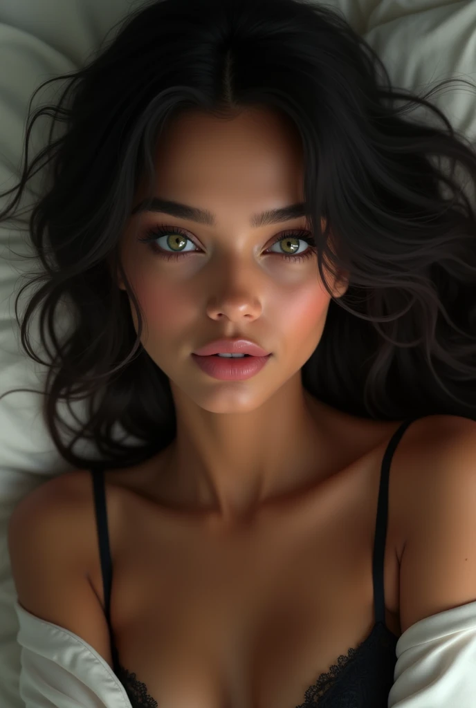 A pretty mixed race Indian girl with brown skin, green Asian monolid eyes, long curly black hair, a soft round face, full glossy lips, wearing black lingerie, lying on a bed