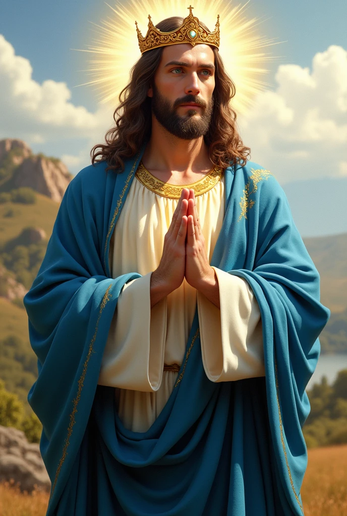 Perfect hand 5 finger, Portrait of a handsome Jesus Christ with light in his head and heart sparkling all over. wearing the blue king clothes with king crown in the hill, Jesus Christ, real blue eyes, sunny day, intricate details.real Jesus Christ, straight head face, Straight body.Prayer Jesus Christ, perfect full body, perfect hands finger,Prayer Jesus Christ, praying Jesus Christ backgrounds natural photographic