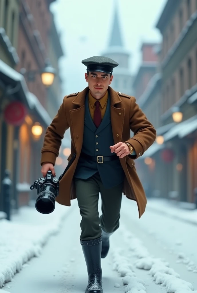 A want a journalist Russian with a vintage camera on his hand running in a snow old city. The man is in the med of 30s. The time of the character is in the 1900s. The character is animation 3d Pixar and Disney style. Movie poster, running from something with face expression. Only in pixar style. He is wearing the black boots. And vintage jacket with flat hat.