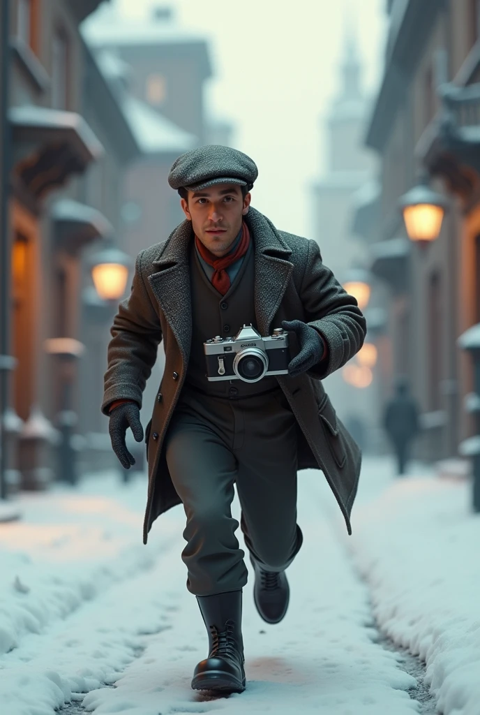 A want a journalist Russian with a vintage camera on his hand running in a snow old city. The man is in the med of 30s. The time of the character is in the 1900s. The character is animation 3d Pixar and Disney style. Movie poster, running from something with face expression. Only in pixar style. He is wearing the black boots. And vintage jacket with flat hat.