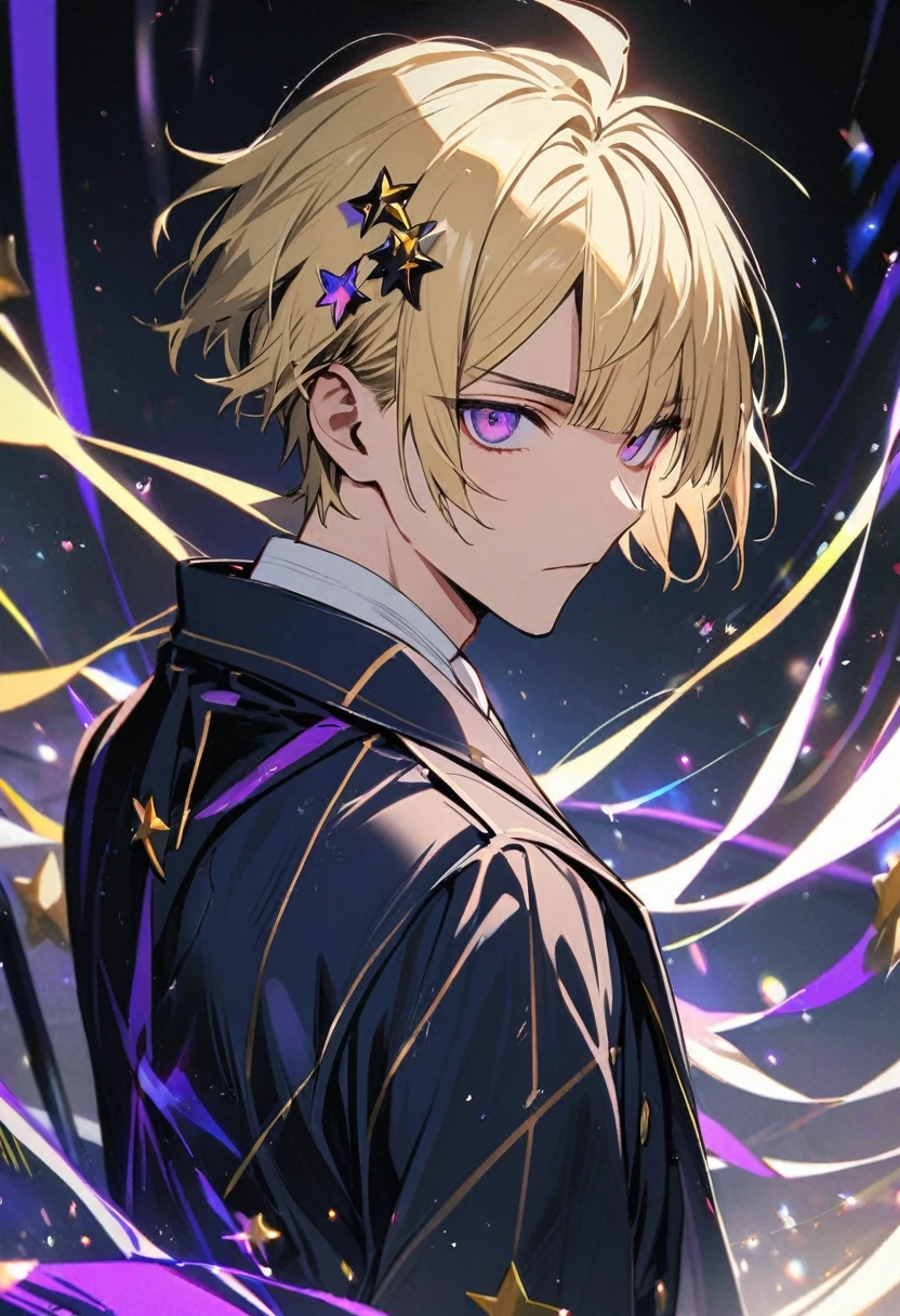 solo, handsome, 1 male, short hair with slide bangs, blonde hair, violet eyes, white shirt, dark blue coat, stars on the head.