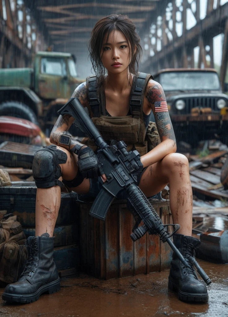 8k,Realistic Photo、Realistic Skin Texture、Superrealism、Japanese women in the U.S. military、Tattoo、Old Bridge、Sitting on abandoned junk、Talking to me、carrying a rifle on one&#39;s shoulder、Heavy equipment、rain、Covered in scars、It is dirty、muscle、The background is out of focus