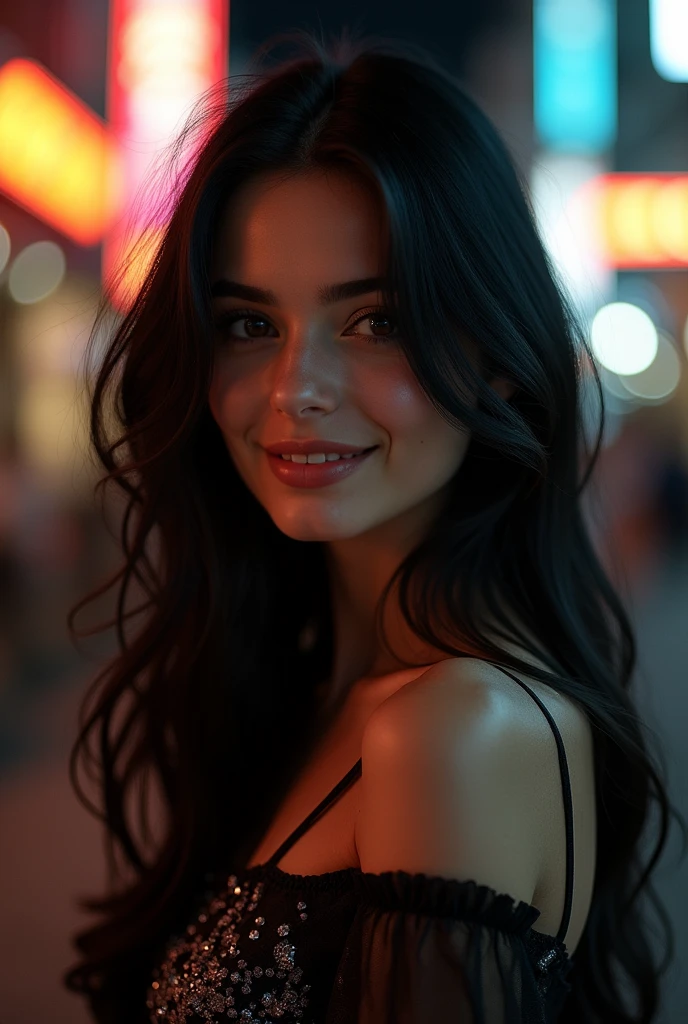 (sharp focus:1.2), Photo, 1 young woman 23 years old, attractive ,black hair (beautiful face:1.1), super cute and fun, detailed eyes, delicious lips, (cat eye makeup:0.85), (smile:1.2), exhausting (dress:1.2) on a (street at night:1.2). (changing lighting:1.2), depth of field, bokeh, 4k, HdR. by (James C.. Christensen:1.2|Jeremy Lipking:1.1). by Frank Frazetta, by Luis Royo, by boris vallejo,
