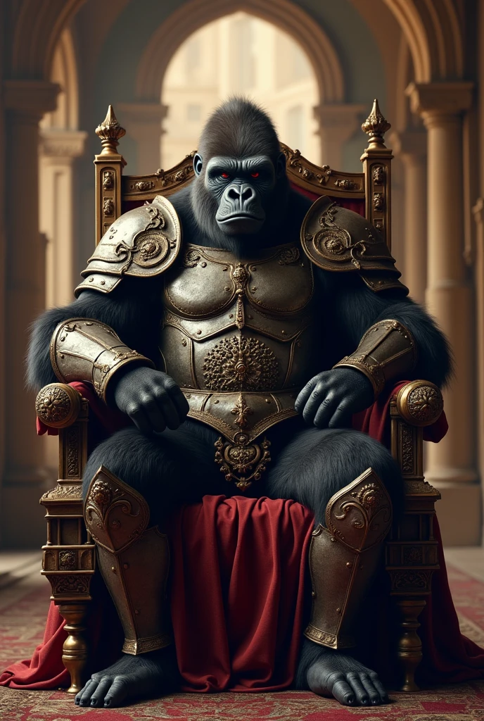 an armored gorilla king sitting on his throne in an old palace