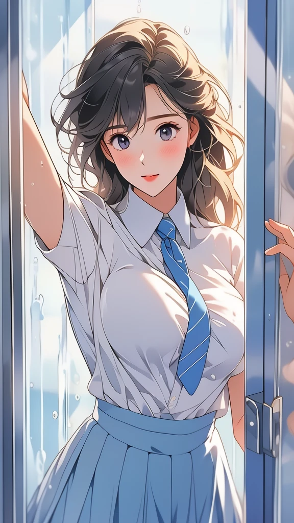 Behind the frosted glass, masterpiece, best quality, breasts_on_glass,1girl, fit body, sweat, breasts on windows, drop of water, breasts squeezed by glass, school uniform