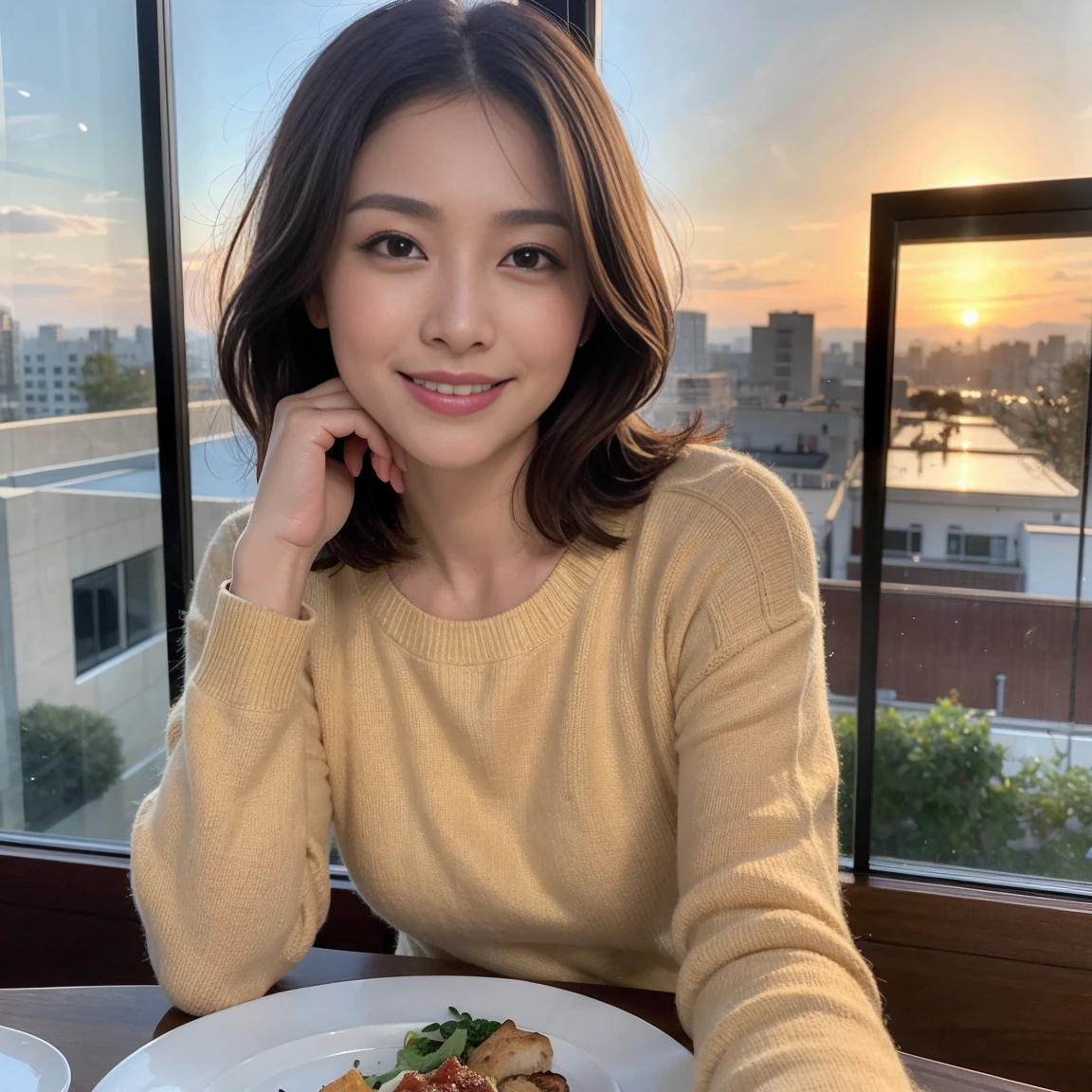 （Realistic:1.1）,(masterpiece,Highest quality)，8k,(49 years old), 53 years old, ベリーslimボディ、slimカップル、Tight waist,Upper Body,full-course dinner、wine 、Amazing view of the sunset sky and clouds、Perfect Anatomy, Brown Hair, short hair,Random Hairstyles,((Highly detailed face and eyes:1.2))，Perfect golden ratio face，Long sleeve shirt、dress,(smile:1.2)、Shortcuts、cute、(Realistic, Intricate details:1.2), A bright smile、short hair,Bright Face、赤wine 、Appetizers、Italian food、wine bottle、Champagne、スパークリングwine、(slimな顔), (The body is slim), (Brown Hair), (Shortcuts),  Upper Body, 白wine, slim, wineグラス, 