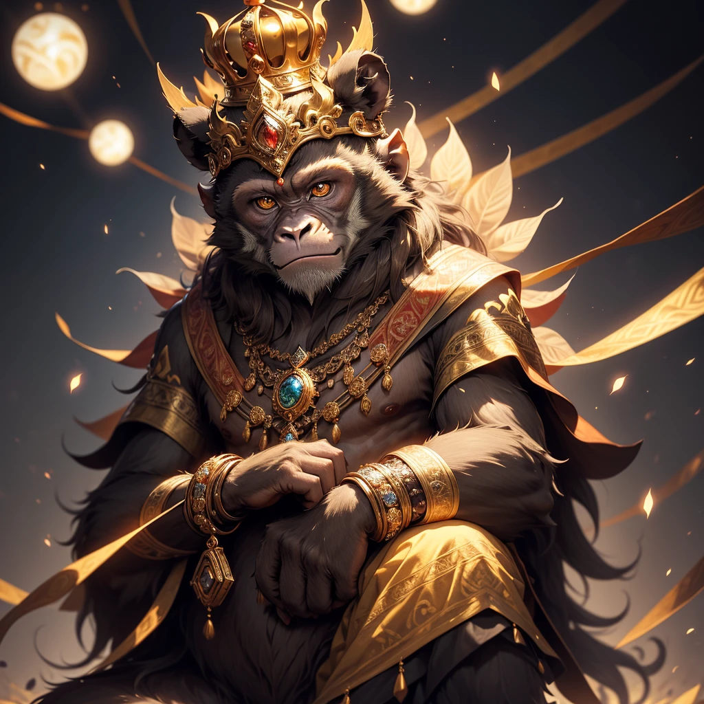 Imagine a serene monkey with rich brown fur, reflecting a warm, earthy tone. This male monkey has a calm and peaceful expression, embodying a sense of tranquility and wisdom. Its eyes are gentle and thoughtful. Atop its head sits a gold crown reminiscent of the one worn by the mythical Wukong, adding an aura of regal grace. The crown is intricately designed with elegant patterns and perhaps adorned with small, precious gems that catch the light. The monkey's posture is relaxed, exuding a sense of inner calm and enlightened composure. The overall scene is one of harmony, blending the majestic with the serene, high res, ultrasharp, 8K, masterpiece, looking at viewer