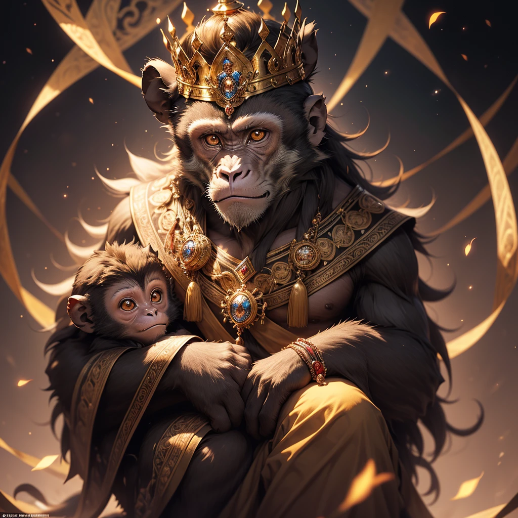 Imagine a serene monkey with rich brown fur, reflecting a warm, earthy tone. This male monkey has a calm and peaceful expression, embodying a sense of tranquility and wisdom. Its eyes are gentle and thoughtful. Atop its head sits a gold crown reminiscent of the one worn by the mythical Wukong, adding an aura of regal grace. The crown is intricately designed with elegant patterns and perhaps adorned with small, precious gems that catch the light. The monkey's posture is relaxed, exuding a sense of inner calm and enlightened composure. The overall scene is one of harmony, blending the majestic with the serene, high res, ultrasharp, 8K, masterpiece, looking at viewer