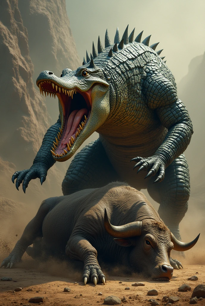 Size: 1024x768
prompt: A dramatic scene of a crocodile defeating a bull in a fierce battle. The crocodile is triumphantly perched on the defeated bull, exuding an air of glory and dominance. The background should be intense and dynamic, capturing the aftermath of the battle. The crocodile should appear majestic and powerful, while the bull looks defeated but still imposing. The setting could be a rugged, natural landscape or an arena-like environment. Bull lying on the ground--size 1024x1024