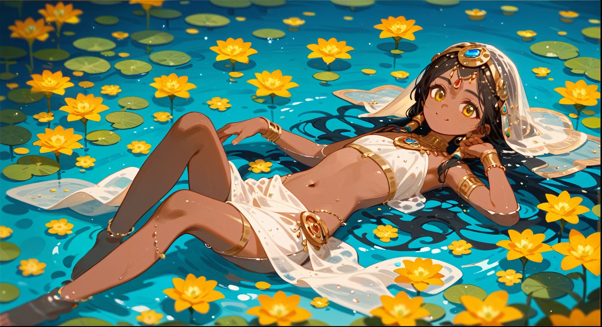 ung girl,Indian style,Lying in the water,barefoot,MediumVioletRed veil,MediumVioletRed Lightweight Shawl,Gold glitter disc on the chest,Dark skin,Golden Eyes,The surface of the water is sparkling,Water Flower,Smile
