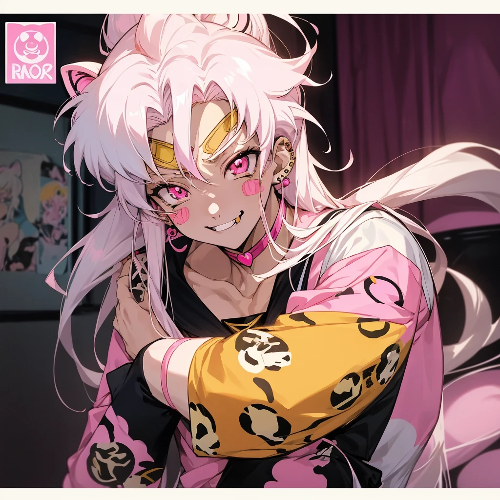 A handsome anime boy sailor moon 2000 style, long and white hair, with pink eyes with pastel yellow stars, with gyaru clothing and leopard print animal print, face piercings, thin red glasses, stickers on his face and sticking out his tongue while smiling while smiling showing his fangs, in a teenage room with gyaru-style band posters