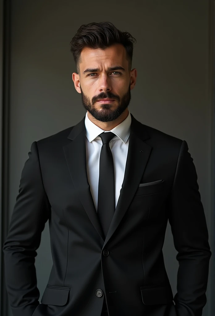 Homme en costume, barbu, Wear a black business suit, Neat model, Montrer son visage, Photo de profil professionnelle, Business Wear, Office Wear, high resolucion, шедевр, beste-Qualit, intricate high detail, highly detailed, mise au point nette, texture, detailled eyes, professionnel, 4K, Tournage en Canon, 85 mm, faible profondeur de champ, Vision couleur Kodak, perfect fit body, extremly detailed, photo_\(ultra\), photo realist, Post-traitement, Maximum details, roughness, real life, ultra realist, rendering, photographie, 8K UHD, photographie (grain de film)