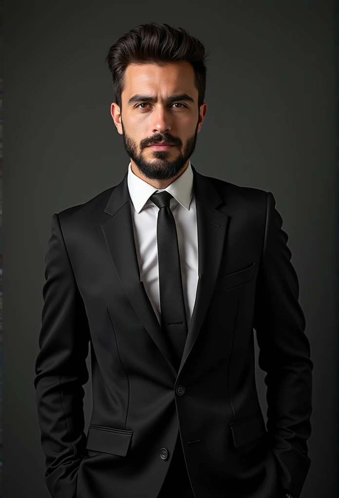 Homme en costume, barbu, Wear a black business suit, Neat model, Montrer son visage, Photo de profil professionnelle, Business Wear, Office Wear, high resolucion, шедевр, beste-Qualit, intricate high detail, highly detailed, mise au point nette, texture, detailled eyes, professionnel, 4K, Tournage en Canon, 85 mm, faible profondeur de champ, Vision couleur Kodak, perfect fit body, extremly detailed, photo_\(ultra\), photo realist, Post-traitement, Maximum details, roughness, real life, ultra realist, rendering, photographie, 8K UHD, photographie (grain de film)