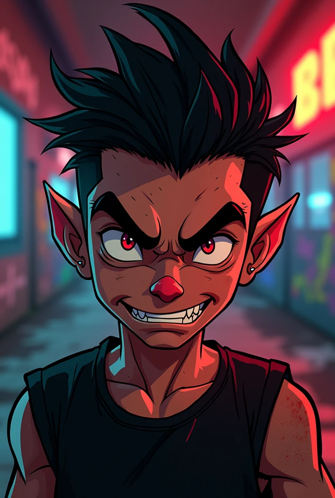I&#39;m a gabber dj, generalmente los dj tienen un personaje único y Fictional que los identifica, generate one for me that is 2D animated, masculine, Fictional, original and reflecting the love for hardcore music, that has underground style, Graffiti, a little devilish and dark that is only the face, Get inspired by the characters from Thunderdome 