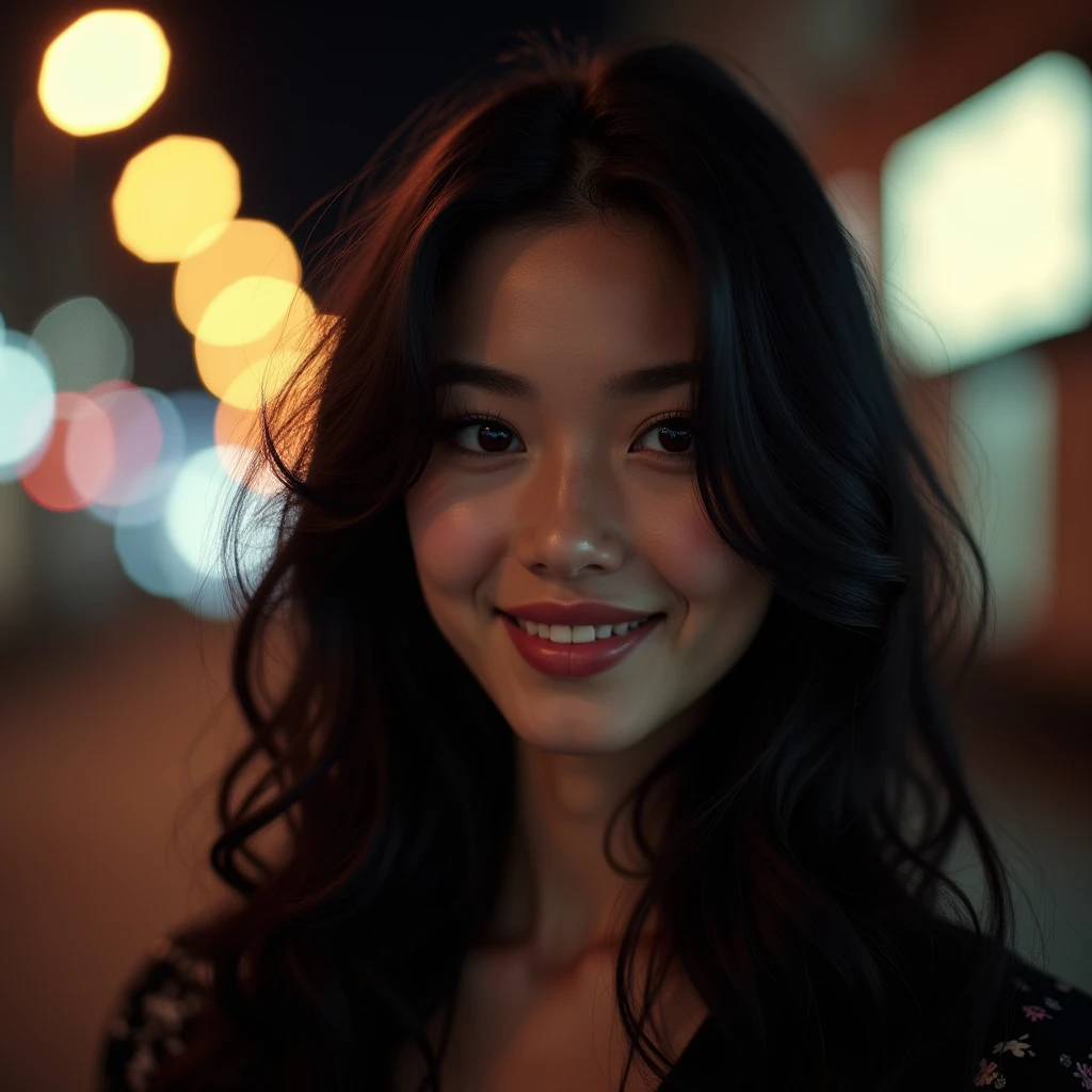 (sharp focus:1.2), Photo, ung woman 23 years old, attractive ,black hair (beautiful face:1.1), super cute and fun, detailed eyes, delicious lips, (cat eye makeup:0.85), (smile:1.2), exhausting (dress:1.2) on a (street at night:1.2). (changing lighting:1.2), depth of field, bokeh, 4k, HdR. by (James C.. Christensen:1.2|Jeremy Lipking:1.1). by Frank Frazetta, by Luis Royo, by boris vallejo,( Whole body)
