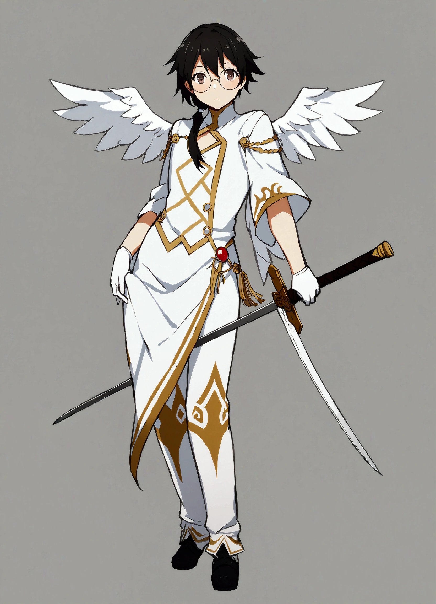 1 boy, (anime boy with black hair and round circle glasses:1.2), a drawing of a boy with angel wings and a sword, fine details. girls frontline style,  kantai collection style, by Akihiko Yoshida, male protagonist 👀 :8, anime full body illustration, angel, anime character; full body art, full body adoptable, full - body majestic angel, anime character design, full body portrait of a short!, pretty anime character design, white haired deity, best anime character design