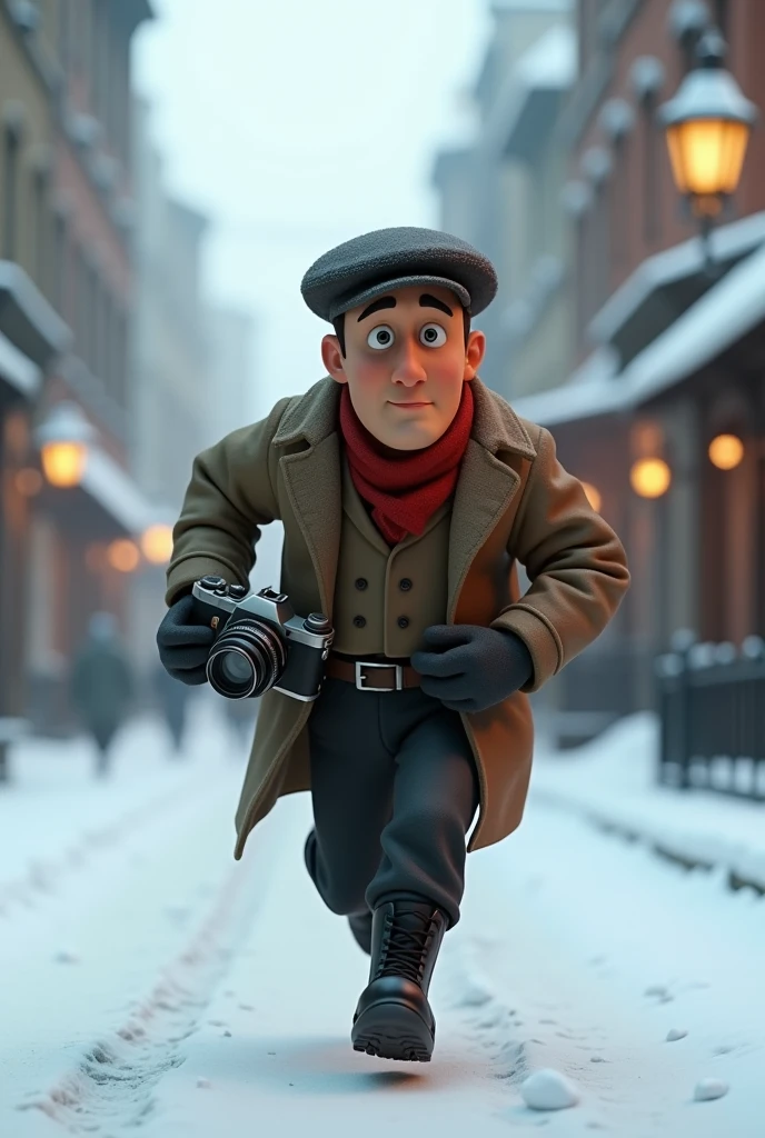 A want a journalist Russian with a vintage camera on his hand running in a snow old city. The man is in the med of 30s. The time of the character is in the 1900s. The character is animation 3d Pixar and Disney style. Movie poster, running from something with face expression. Only in pixar cartoon style. He is wearing the black boots. And vintage jacket with flat hat.
