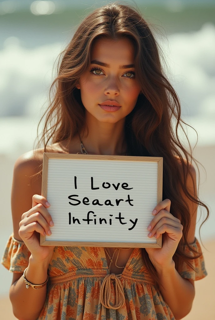 Beautiful girl with wavy long hair, bohemian dress, holding a white board with text "I Love Seaart Infinity" and showing it to the viewer