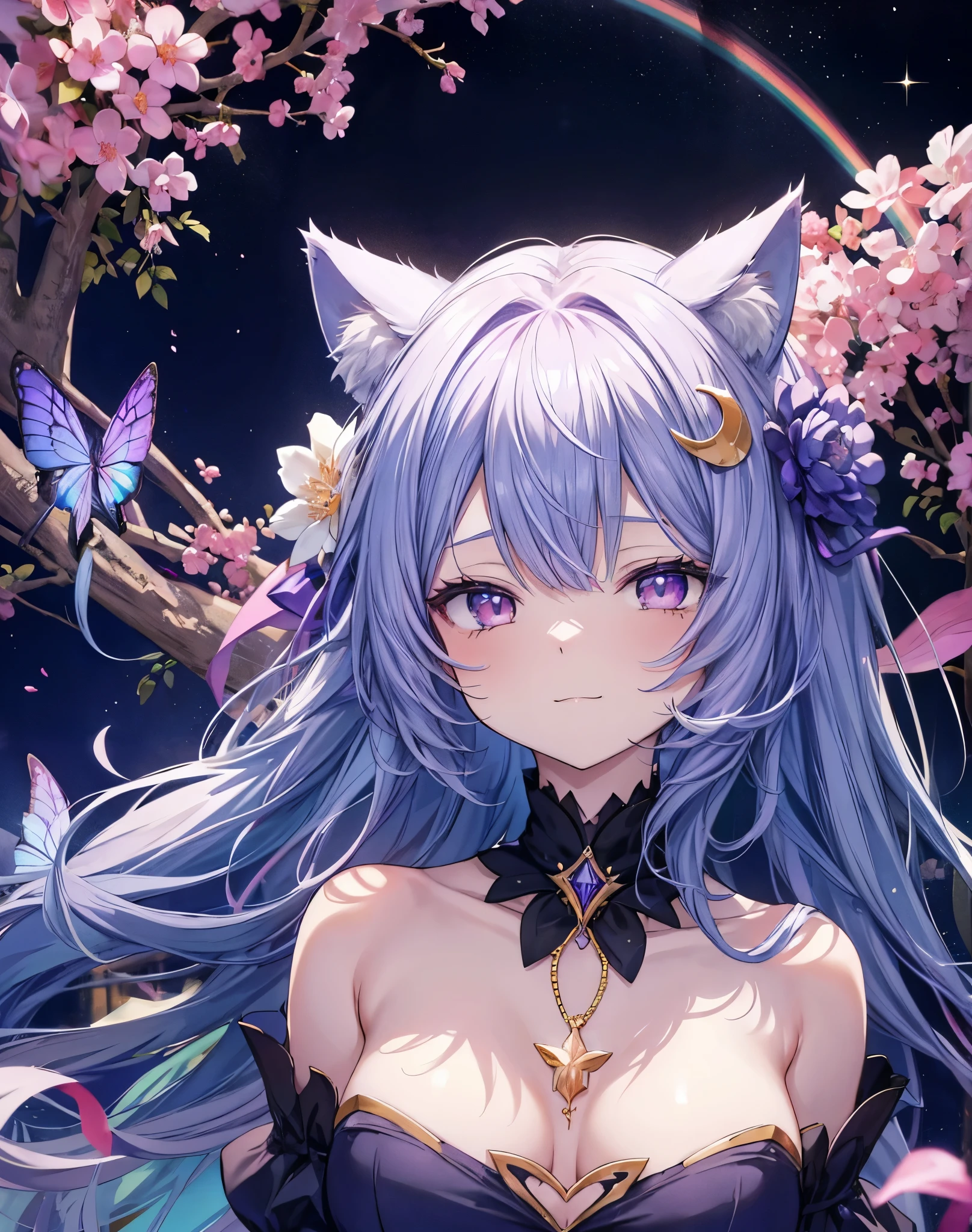 Anime-style of seraphina, the Dream Keeper. Macro eyes shot. Cat ears. She is a cat girl with neko ears, with ethereal blue hair with golden highlights, reminiscent of twilight. Her eyes are a deep, intense blue, like the morning sky. She wears a light, flowing lavender dress with golden star-like details. Her cat ears are purple with golden tips, and she has a crescent moon pendant around her neck. Seraphina is surrounded by rainbow glowing butterflies that follow her wherever she goes. The background is a dreamy, surreal scenery landscape with soft, pastel colors, evoking a sense of tranquility and magic. Bare shoulders.
