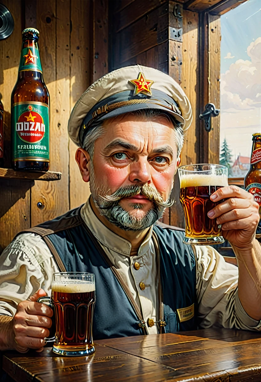 Best quality, masterpiece, very aesthetic, perfect composition, complex parts, ultra detailed, Image of a man, holding a glass of beer, Soviet poster of viktor orban, soviet advertisement, beer advertisement, in the style of Soviet propaganda, Ignacio Zuloaga, Raphael Levitsky, Julius Hatofsky, Communist propaganda poster, Communist propaganda, author: György Vastag, Konrad Witz, Soviet poster, grandfather with a gray beard, eight-piece cap, light beige shirt, A glass of beer, Realistic still life, art photography, stylize 1000