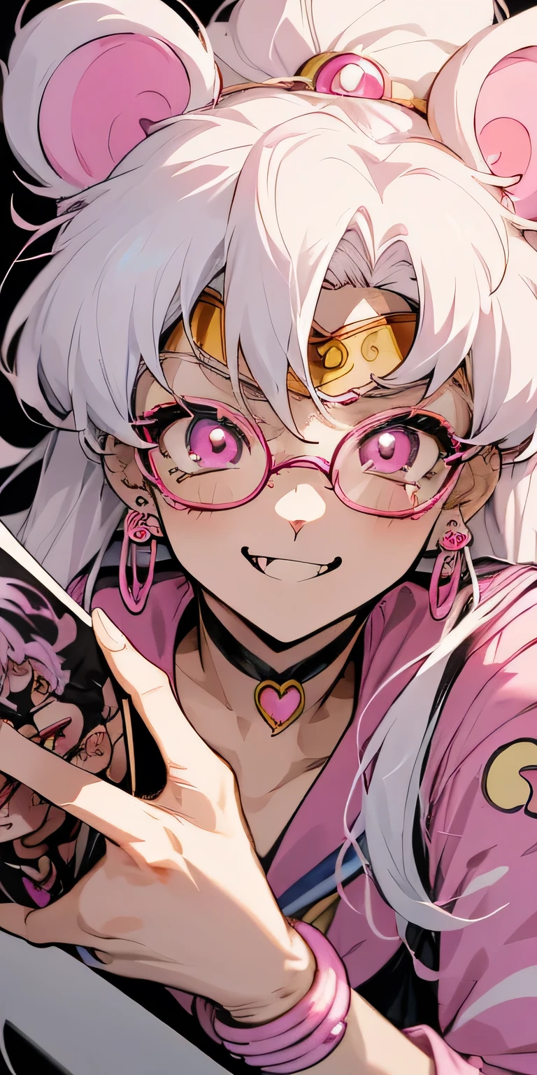 A handsome anime boy sailor moon 2000 style, long and white hair, with pink eyes with pastel yellow stars, with gyaru clothing and leopard print animal print, face piercings, thin red glasses, stickers on his face and sticking out his tongue while smiling while smiling showing his fangs, in a age room with gyaru-style band posters