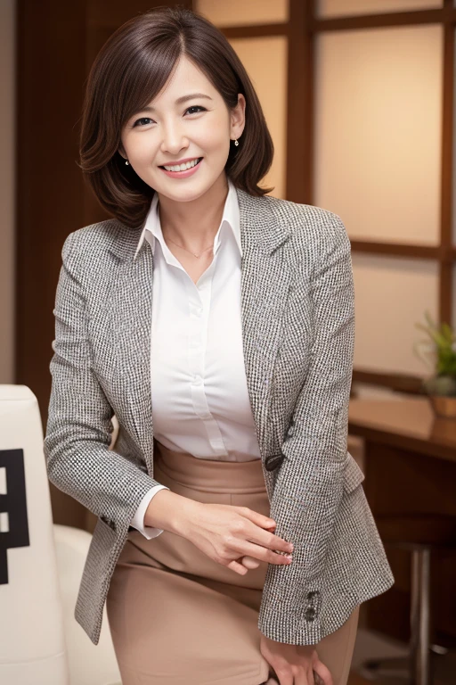 Beautiful mature woman、Businesswoman、Classy sex appeal、blazer、cotton tight skirt、8K high resolution、Realistic、masterpiece、Smiling sweetly and showing teeth、Passionate embrace with man、The man grabbed her breasts、