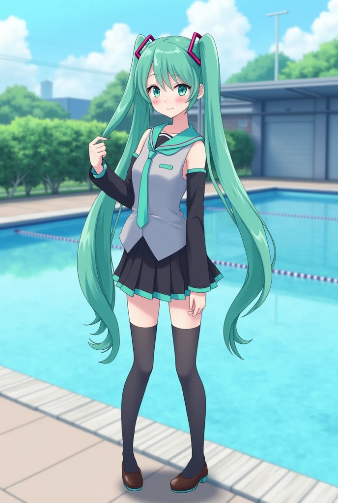 Standing by the pool at an empty school、Hatsune Miku style、Long twin tails、uniform、mini skirt、Cute Face、Smiling、Full body portrait