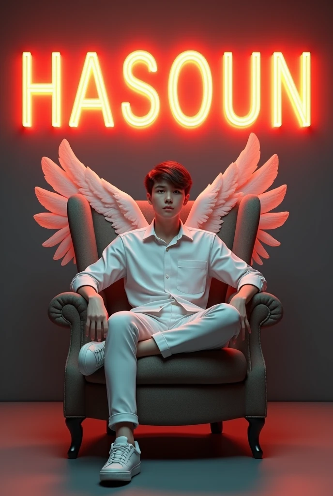 Create a 3D illusion for a profile picture where a 25 Year old cute boy in a white shirt Sitting casually on a Wingback chair. Wearing sneakers, he looks ahead. The background features "HASSOUN" in big and capital Orange neon light fonts on the dark grey wall. There should not be his shadow, and there are wings to make it appear as if he is an angel