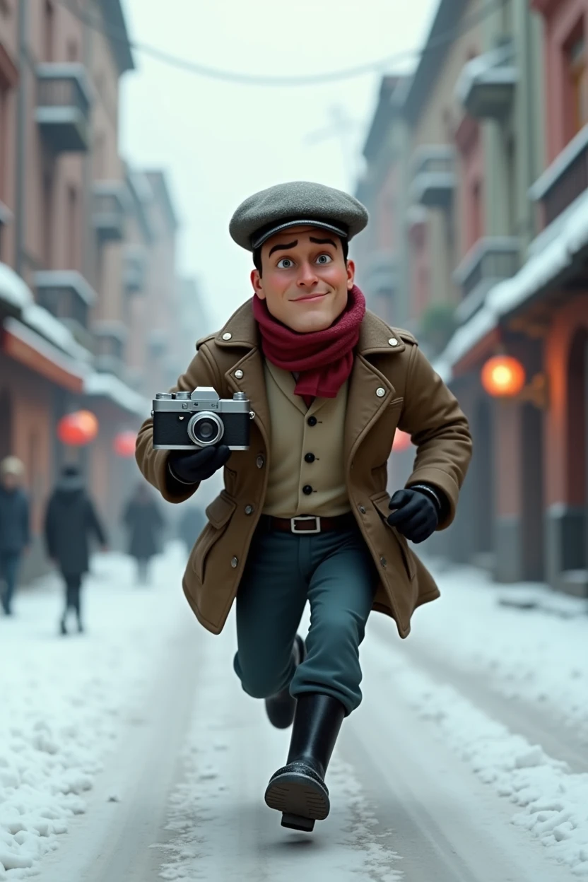 A want a journalist Russian with a vintage camera on his hand running in a snow old city. The man is in the med of 30s. The time of the character is in the 1900s. The character is animation 3d Pixar and Disney style. Movie poster, running from something with face expression. Only in pixar cartoon style. He is wearing the black boots. And vintage jacket with flat hat.