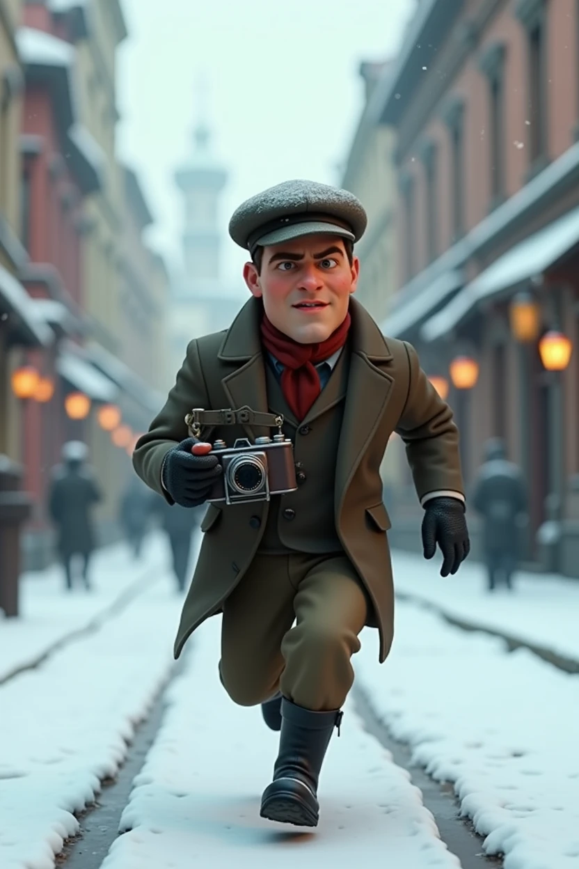 A want a journalist Russian with a vintage camera on his hand running in a snow old city. The man is in the med of 30s. The time of the character is in the 1900s. The character is animation 3d Pixar and Disney style. Movie poster, running from something with face expression. Only in pixar cartoon style. He is wearing the black boots. And vintage jacket with flat hat.