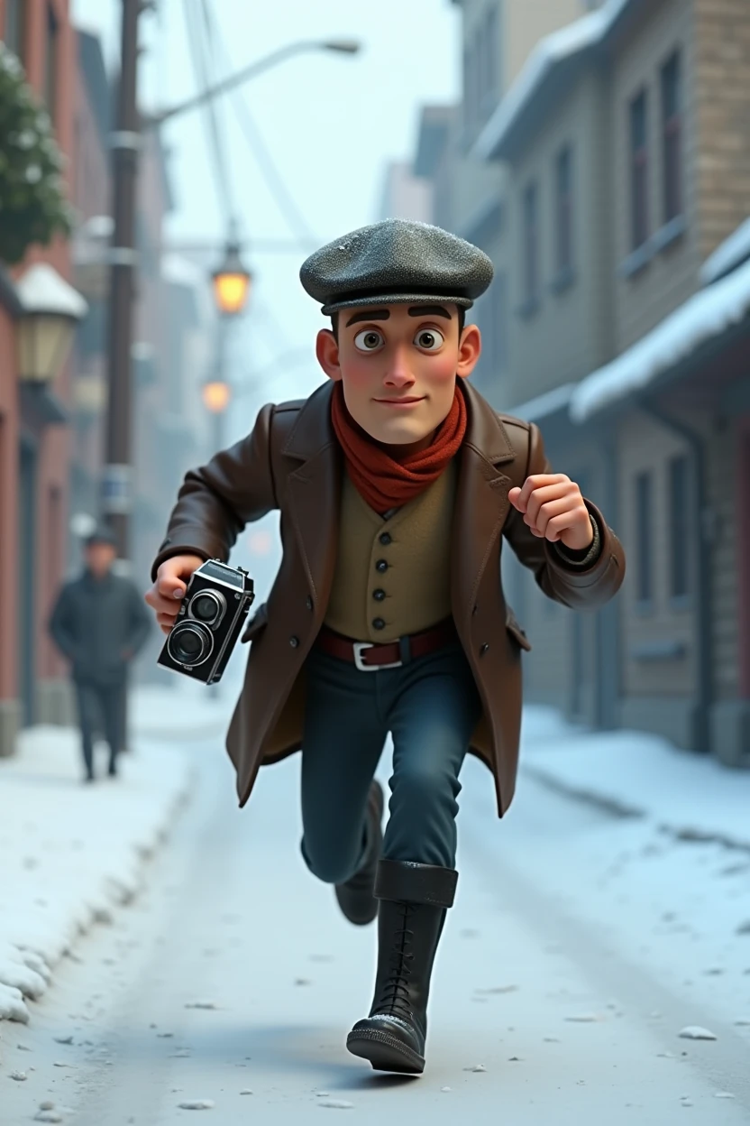 A want a journalist Russian with a vintage camera on his hand running in a snow old city. The man is in the med of 30s. The time of the character is in the 1900s. The character is animation 3d Pixar and Disney style. Movie poster, running from something with face expression. Only in pixar cartoon style. He is wearing the black boots. And vintage jacket with flat hat.