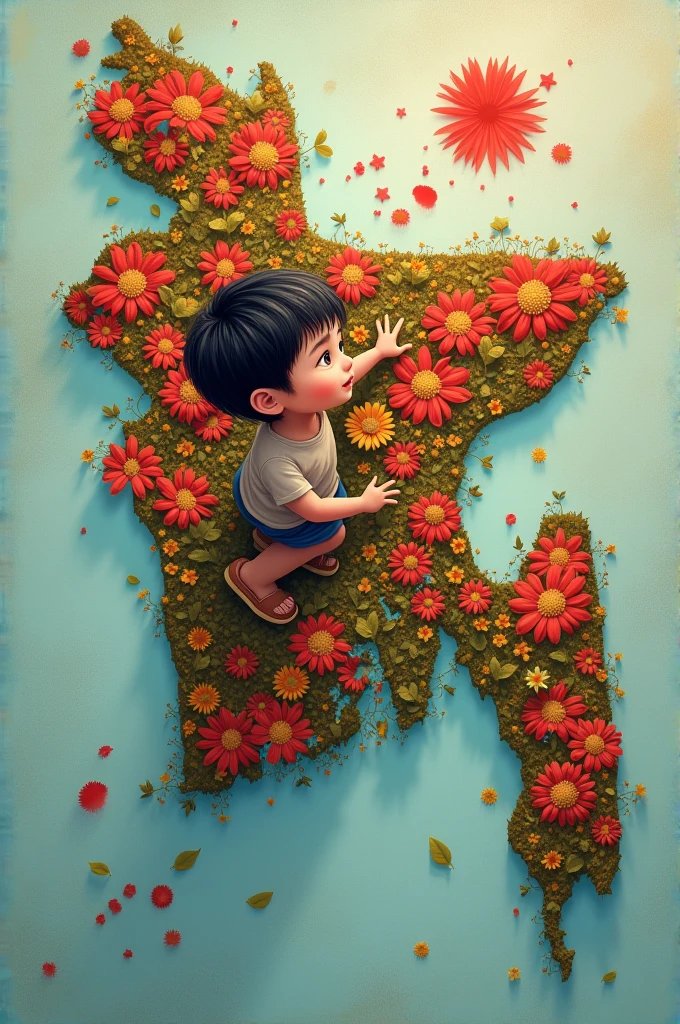 A boy erases the bloody spot on the map of Bangladesh and creates a flower garden