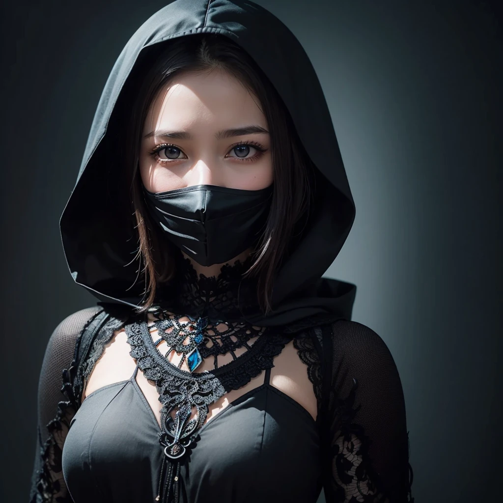 A visually striking and enchanting digital art piece, which masterfully utilizes negative space patterns to create a breathtaking image. A mysterious and elegant female figure stands confidently, her dark hood adorned with intricate gothic designs. She has a fat face that is not pretty and (((no mask))). In her hand, she holds a sinister yet beautiful intricate dagger. The negative space patterns transform into a surreal and mesmerizing background, perfectly framing the subject and captivating the viewer's attention. The overall piece embodies dark fantasy, capturing the essence of vibrant painting, portrait photography, and illustration, all combined in a single mesmerizing work of art., vibrant, dark fantasy, portrait photography, painting, illustration