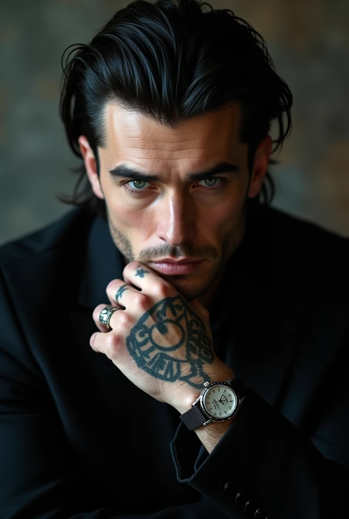 This British mobster is a remarkable and enigmatic figure. His black hair is carefully combed back, highlighting his extraordinarily clear blue eyes, which seem to capture the attention of everyone around him. His pale skin gives him a mysterious appearance, while his hand tattoos whisper secrets of his involvement in the underworld. He wears a tailored black suit, accentuating his slim, elegant figure. His wrist displays a Rolex, and on his finger a ring.