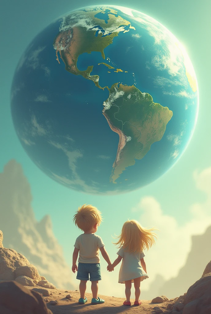 Back view of a blonde girl and boy holding hands and looking at the Earth from a small planet