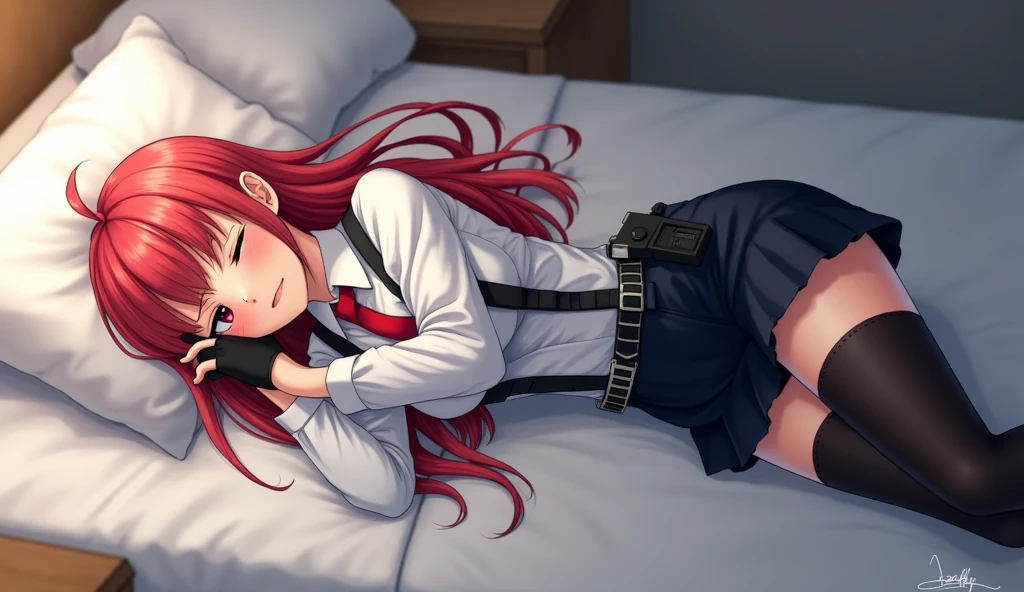 {{lying down on one's side}},{Lying on the bed},,,{{Resting with an aching body} {{lie down:1.6}},{{masterpiece}}, {{{Highest quality}}},{{Very detailed}}, {{figure}},{{tall}},{{Adult female}},,{{cowboy shot}},{1girl},{{Long sleeve mini skirt uniform}}},}}{}},{{Pain,}},{}, ,{{white blouse}},{}},,{{blushing with anger}},{{one eye closed,}},,{{Grit your teeth,suffering,v-shaped eyebrows.,Sweat dripping,raise one's eyebrows,}},{{}},,Slender body}}{{suffer}}{{Female police officer}},,,,suspenders ,Long sleeve mini skirt uniform, ,Black fingerless gloves, Long Red Hair, Red tie,Straight hair ,Blunt bangs,Thigh holster,.loafer,,blush,Wrinkles ,amount,Medium chest ,get annoyed,,Slums,