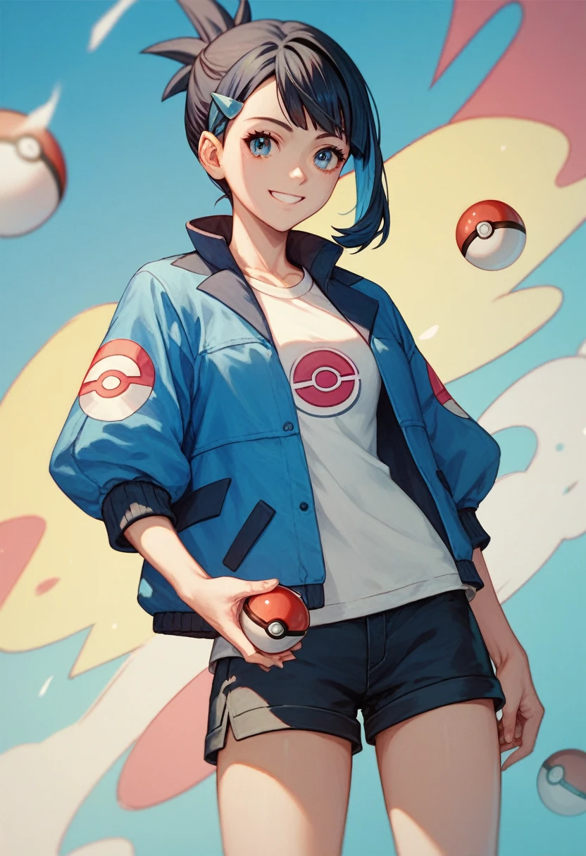 masterpiece,Highest quality,One girl,alone,Pokemon Riko,Hair Clip,Multicolored Hair,Black Hair,Blue Hair,blue eyes,Blue jacket,White shirt,Shorts,Pokéball,smile,Dutch Angle,Multicolored background,