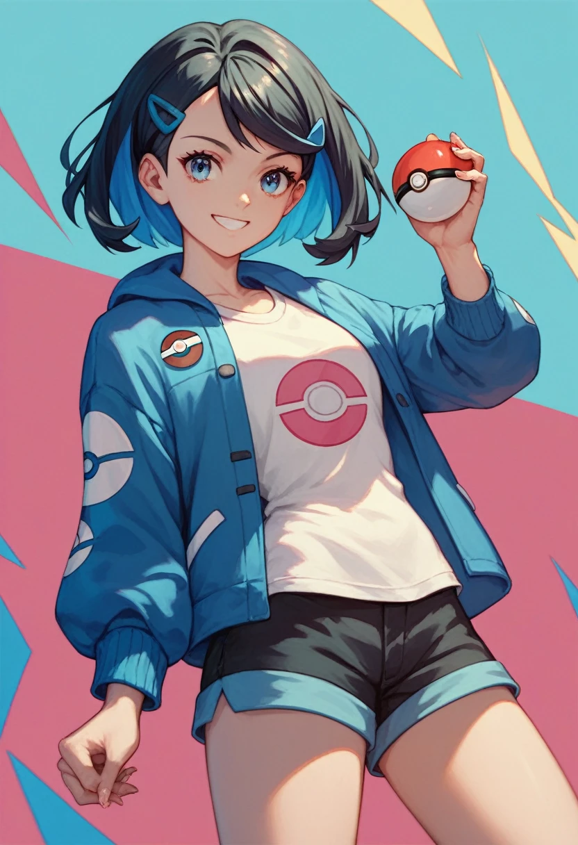 masterpiece,Highest quality,One girl,alone,Pokemon Riko,Hair Clip,Multicolored Hair,Black Hair,Blue Hair,blue eyes,Blue jacket,White shirt,Shorts,Pokéball,smile,Dutch Angle,Multicolored background,